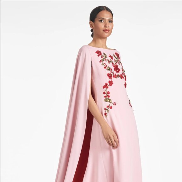 Sachin & Babi Vittoria Gown - Morganite/Ruby Embroidered Floral Gown with cape - Picture 2 of 11
